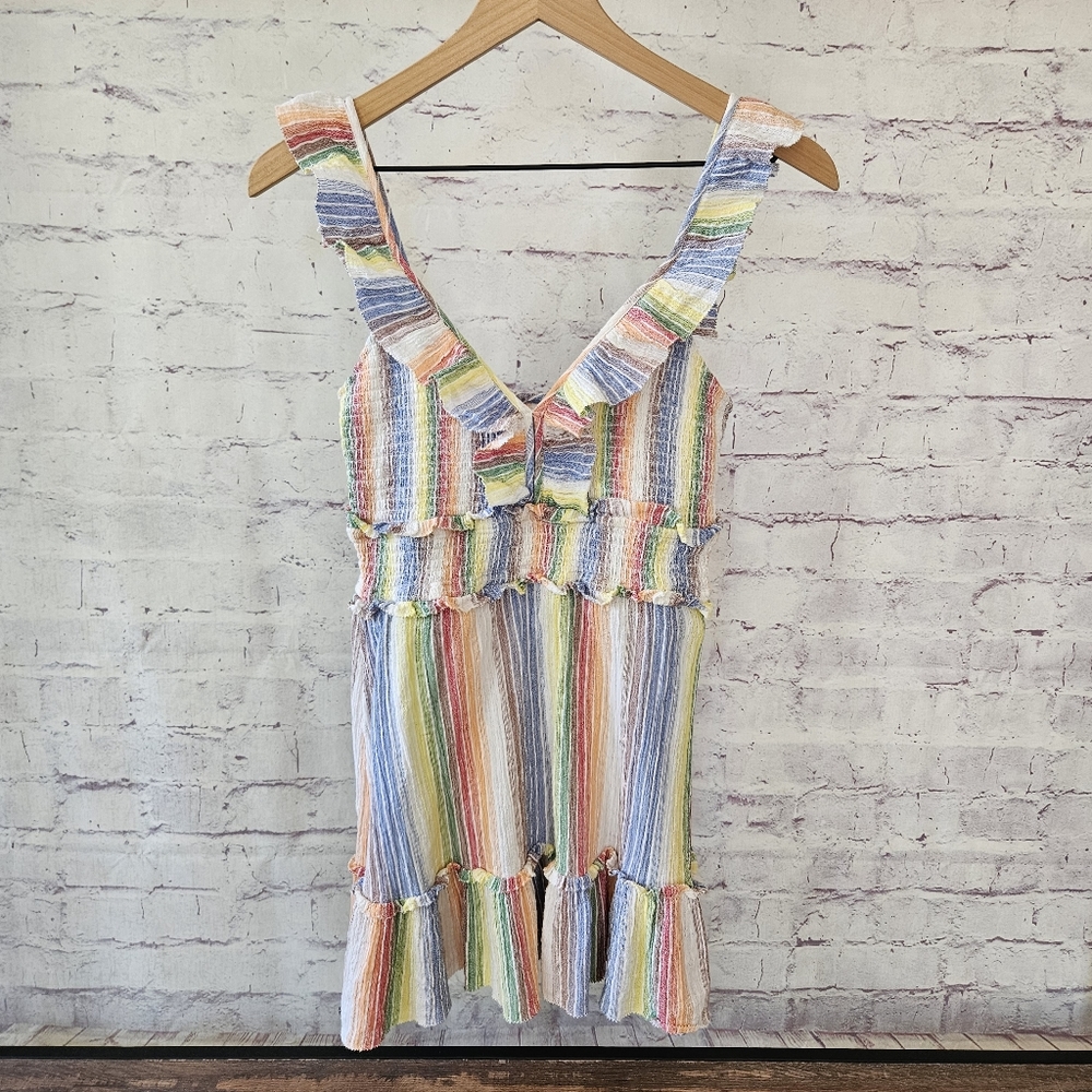 Saylor Alma Dress Rainbow Striped Crepe Smocked Bust Ruffle Strap Dress Small - Picture 2 of 15